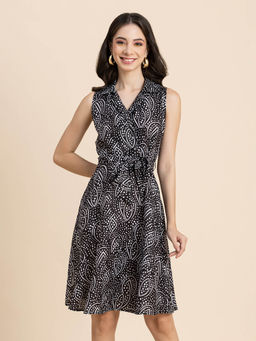 Moomaya - Women Collar Neck Black Printed Knee Length Dress with Belt (Set of 2)