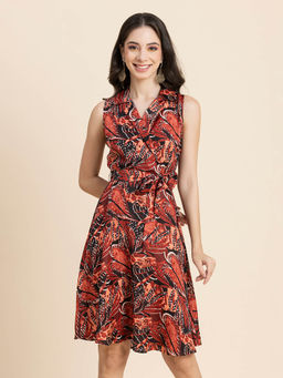 Moomaya - Women Collar Neck Rust Printed Knee Length Dress with Belt (Set of 2)