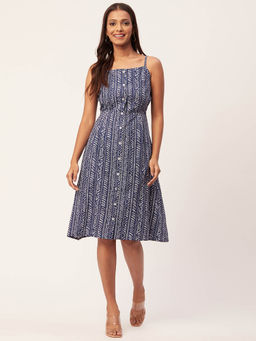 Moomaya - Women Shoulder Straps Blue Printed Knee Length Dress with Belt (Set of 2)