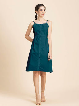 Moomaya - Women Shoulder Straps Teal Solid Knee Length Dress