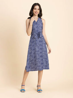 Moomaya - Women V-Neck Blue Floral Printed Midi Dress with Belt (Set of 2)