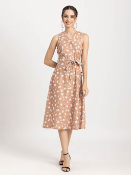 Moomaya - Women V-Neck Beige Floral Printed Midi Dress with Belt (Set of 2)