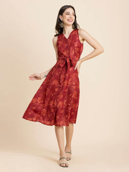 Moomaya - Women V-Neck Red Floral Printed Midi Dress with Belt (Set of 2)