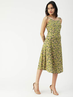 Moomaya - Women Shoulder Straps Olive Floral Printed Midi Dress