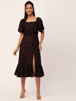 Moomaya - Women Square Neck Black Floral Printed Midi Dress