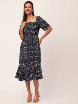 Moomaya - Women Square Neck Navy Blue Polka Dots Midi Dress