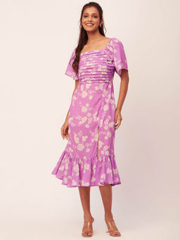 Moomaya - Women Square Neck Lavender Floral Printed Midi Dress