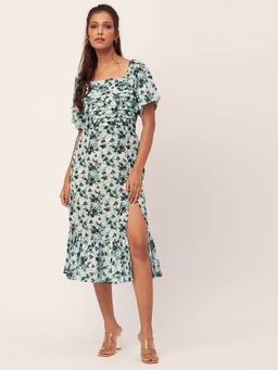 Moomaya - Women Square Neck Multi-Color Floral Printed Midi Dress