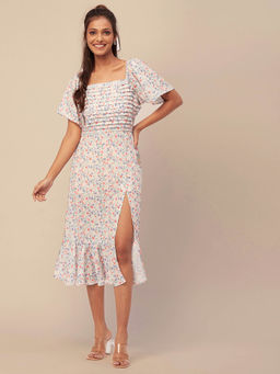 Moomaya - Women Square Neck Multi-Color Floral Printed Midi Dress