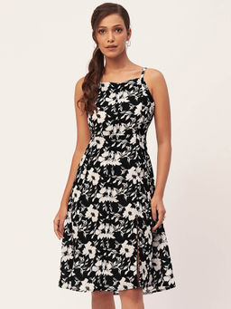 Moomaya - Women Shoulder Straps Black Floral Printed Knee Length Dress