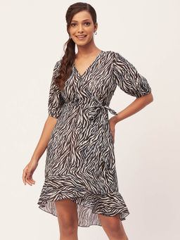 Moomaya - Women V-Neck Black Animal Print Mini Dress