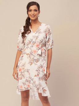 Moomaya - Women V-Neck White Floral Printed Mini Dress