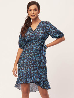Moomaya - Women V-Neck Navy Blue Floral Printed Mini Dress