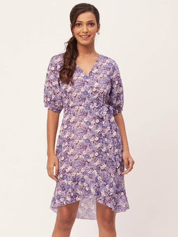 Moomaya - Women V-Neck Lavender Floral Printed Mini Dress