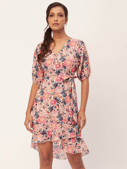 Moomaya - Women V-Neck Pink Floral Printed Mini Dress