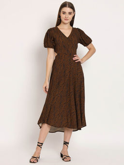 Moomaya - Women V-Neck Multi-Color Printed Midi Dress