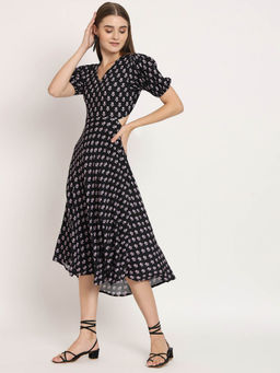 Moomaya - Women V-Neck Black Floral Printed Midi Dress