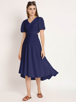 Moomaya - Women V-Neck Navy Blue Solid Midi Dress
