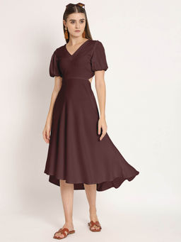 Moomaya - Women V-Neck Wine Solid Midi Dress
