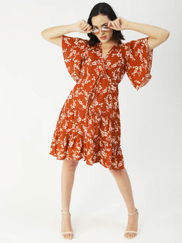 Moomaya - Women V-Neck Rust Floral Printed Mini Dress