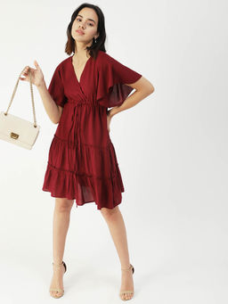 Moomaya - Women V-Neck Maroon Solid Mini Dress