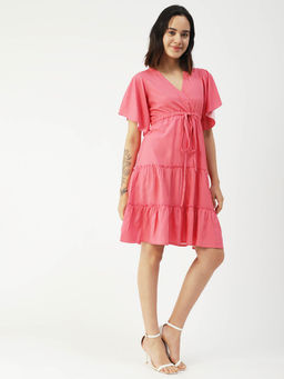 Moomaya - Women V-Neck Pink Solid Mini Dress