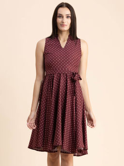 Moomaya - Women Mandarin Neck Burgundy Polka Dots Knee Length Dress with Belt (Set of 2)