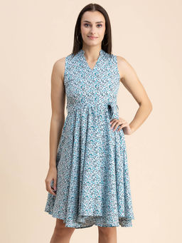 Moomaya - Women Mandarin Neck Blue Floral Printed Knee Length Dress with Belt (Set of 2)