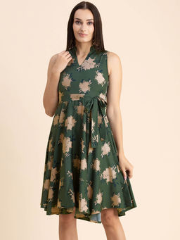 Moomaya - Women Mandarin Neck Green Floral Printed Knee Length Dress with Belt (Set of 2)