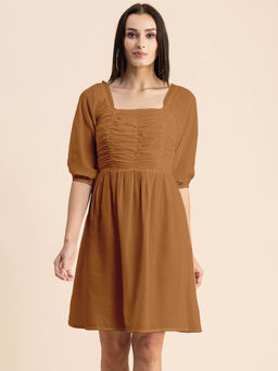 Moomaya - Women Square Neck Mustard Solid Knee Length Dress