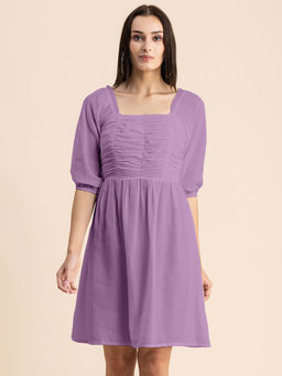 Moomaya - Women Square Neck Lavender Solid Knee Length Dress