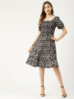 Moomaya - Women Square Neck Black Floral Printed Knee Length Dress