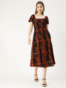 Moomaya - Women Square Neck Black Floral Printed Knee Length Dress