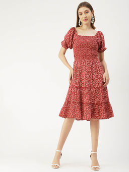 Moomaya - Women Square Neck Red Floral Printed Knee Length Dress