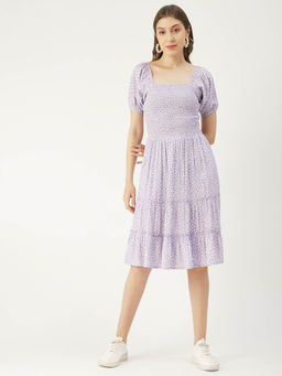 Moomaya - Women Square Neck Lavender Floral Printed Knee Length Dress