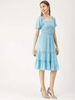 Moomaya - Women Square Neck Blue Solid Midi Dress