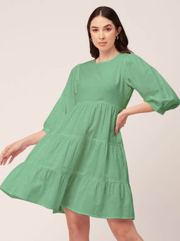Moomaya - Women Round Neck Green Solid Knee Length Dress