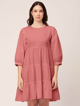 Moomaya - Women Round Neck Pink Solid Knee Length Dress