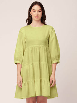 Moomaya - Women Round Neck Green Solid Knee Length Dress