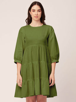 Moomaya - Women Round Neck Olive Solid Knee Length Dress