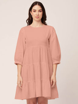 Moomaya - Women Round Neck Pink Solid Knee Length Dress