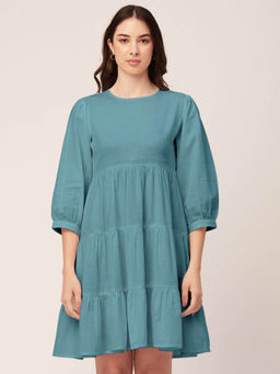 Moomaya - Women Round Neck Teal Solid Knee Length Dress