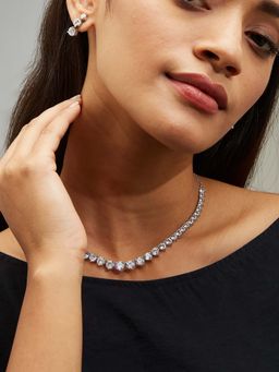 Nuyug - White Cz Stone Silver Plated Stones Necklace and Pair Of Earrings (Set of 2)