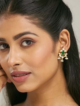 Nuyug - Green Brass 22K Gold Plated Kundan Pair Of Earrings