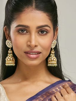 Nuyug - White Brass 22K Gold Plated Kundan Pair Of Earrings