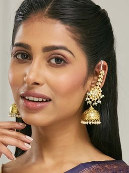 Nuyug - White Brass 22K Gold Plated Kundan Pair Of Earrings