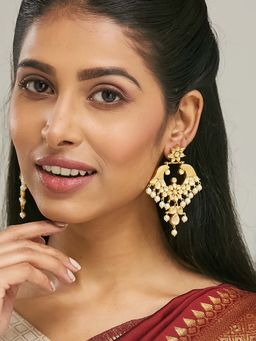 Nuyug - White Brass 22K Gold Plated Kundan Pair Of Earrings