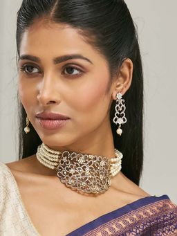 Nuyug - White Brass 22K Gold Plated Stones Necklace and Pair Of Earrings (Set of 2)