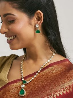Nuyug - Green Brass Gold Plated Stones Necklace and Pair Of Earrings (Set of 2)