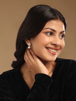 Nuyug - White Brass Rhodium Plated Stones Pair Of Earrings